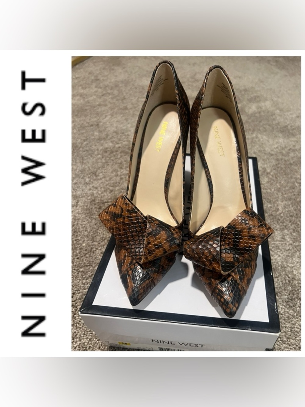 NEW Nine West Hadrianna Brown Snakeskin-Print Pointed Toe Pumps with Bow Size 9